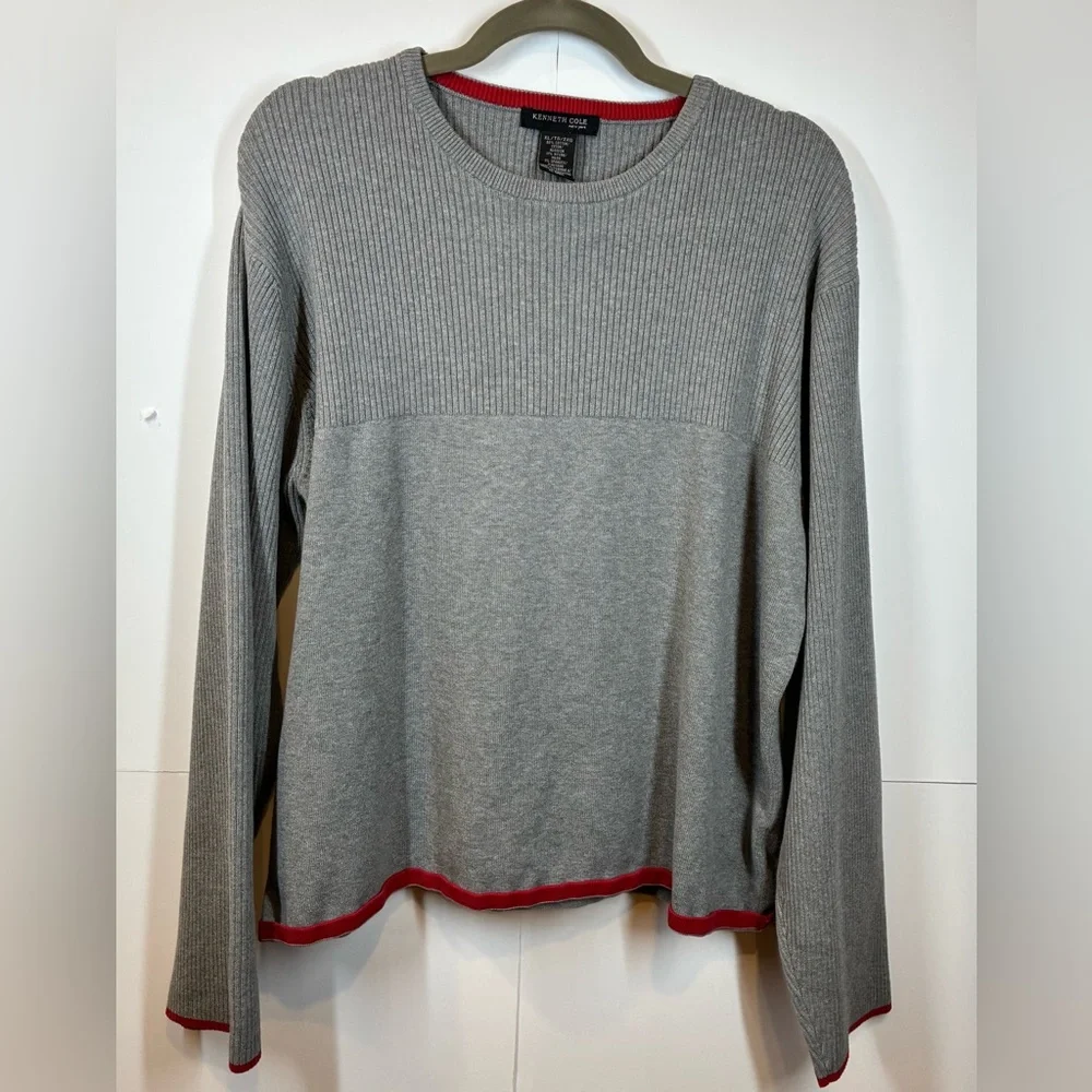 Kenneth Cole New York Men’s Gray Ribbed Crewneck Sweater with Red Trim Size XL